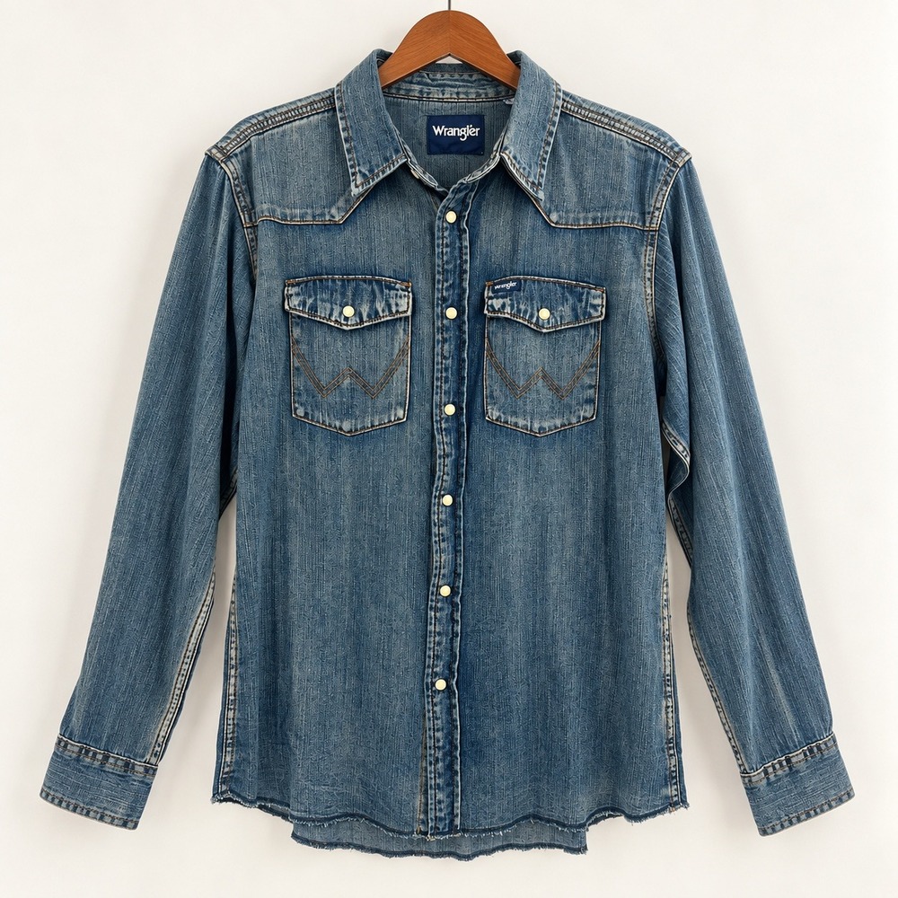 Wrangler Western Denim Shirt Mens XXL Cowboy Rustic Indie Raw Hem Pearl Snap